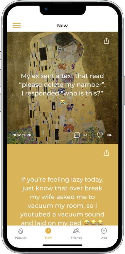 The Secrety app on iPhone, showing the original feed of stories and conversations.